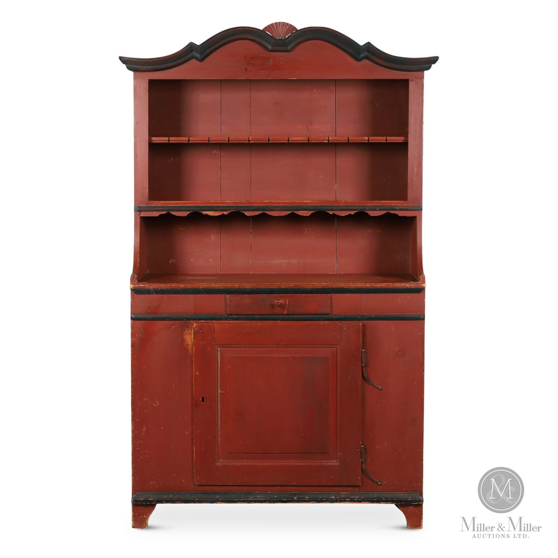 Wilno Open Dish Cupboard: Canadian. Wood. A rare Wilno open dish dresser having a scrolled pediment with fan carving at the centre and a single raised panel door below. Exhibited at the Country Heritage Loan Exhibition at