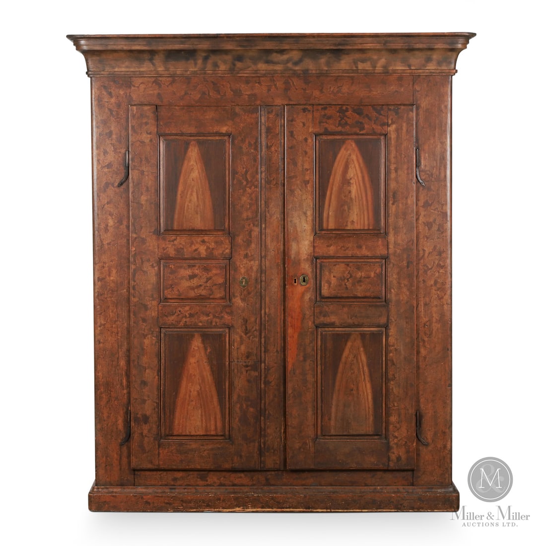 Ontario Schrank In Paint: Canadian. Wood. A schrank from Waterloo or Perth County with excellent original paint, a cornice with rounded corners in the German style, and three double raised panels on each door affixed with