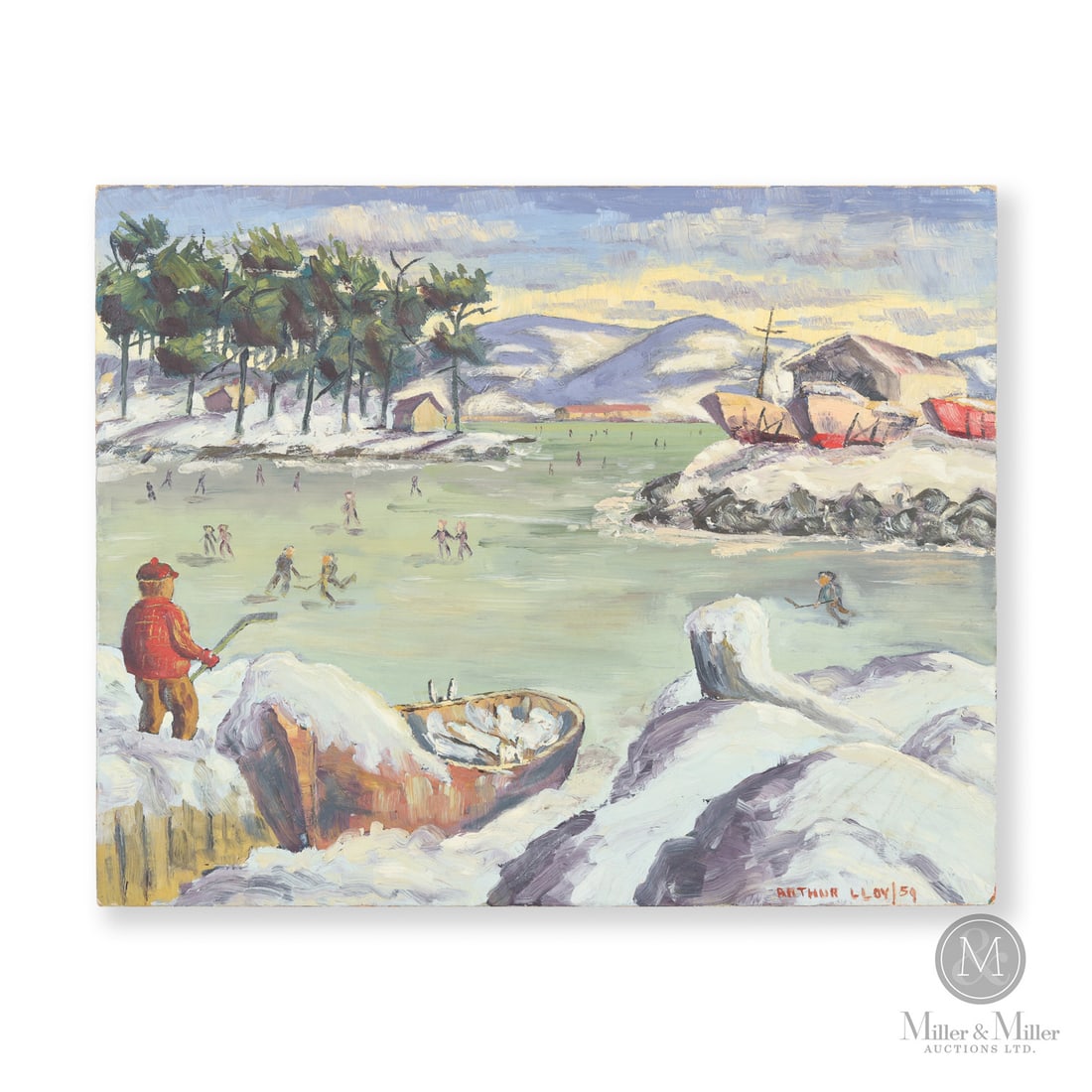 Arthur Lloy Painting "A Winter's Afternoon" Purcell's Cove Nova Scotia 1959: Canadian. Artist board. An early work by Arthur G. Lloy (1929-1986) titled verso, "A Winter's Afternoon". Oil on artist board painted at the Nova Scotia College of Art in January 1959, showing a