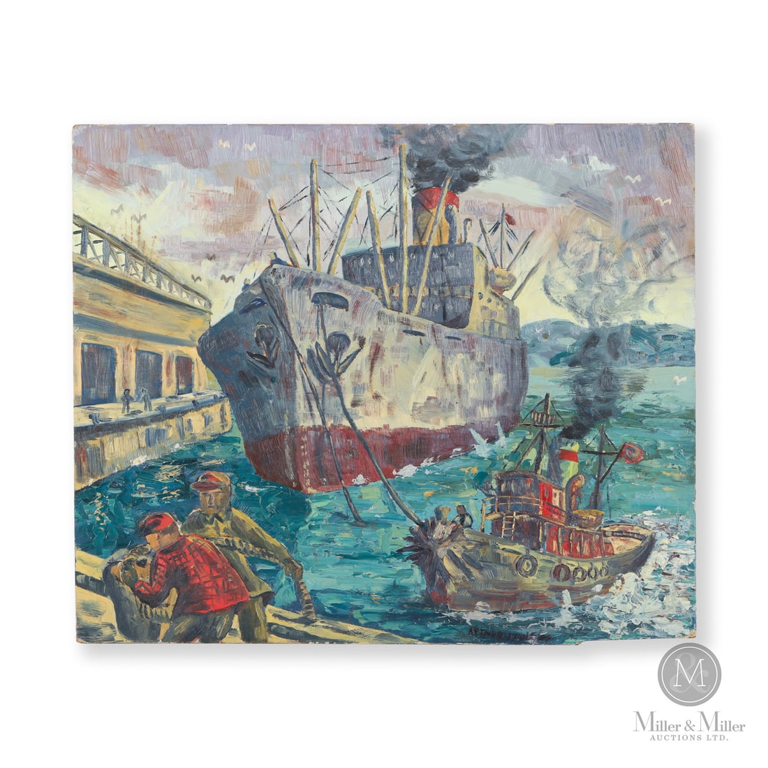 Arthur Lloy "Berthing" 1959: Canadian. Artist board. Oil on artist board by Arthur Lloy (1929-1986) titled verso, "Berthing". Lloy was a Nova Scotia artist influenced by the works of The Group of Seven. Signed, "Arthur Lloy /