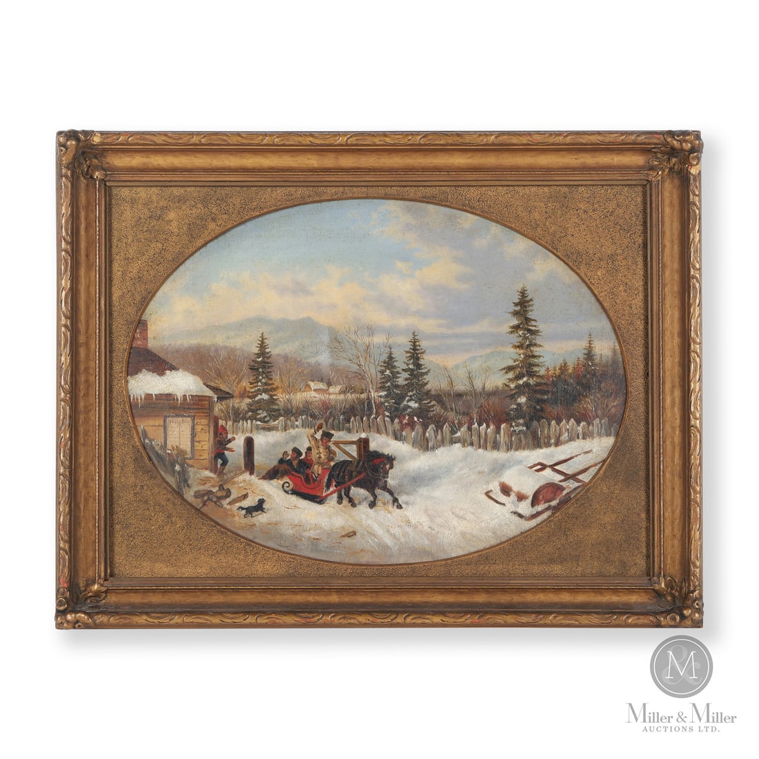 Krieghoff Style "Running the Toll": Canadian. Canvas. An oil on canvas inspired by Cornelius Krieghoff's well-known painting "Running the Toll Gate" a subject he repeatedly returned to himself. In strong colour and in very good