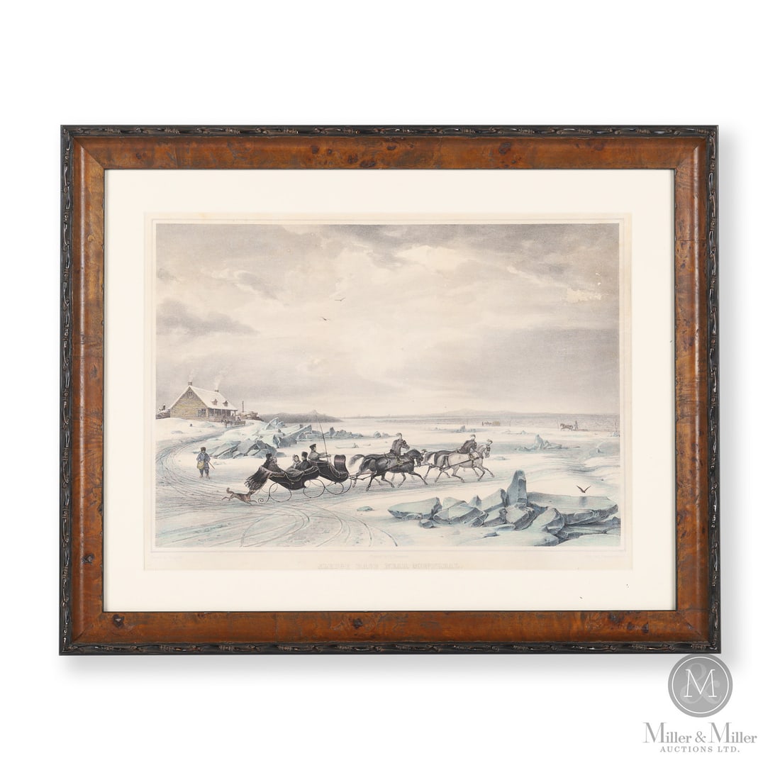 Krieghoff Lithograph "Sleigh Race near Montreal": German. Paper. A hand coloured lithograph of an original image by Cornelius Krieghoff titled "Sledge Race Near Montreal". This is one in a series of four lithographs entitled "Scenes in Canada", a