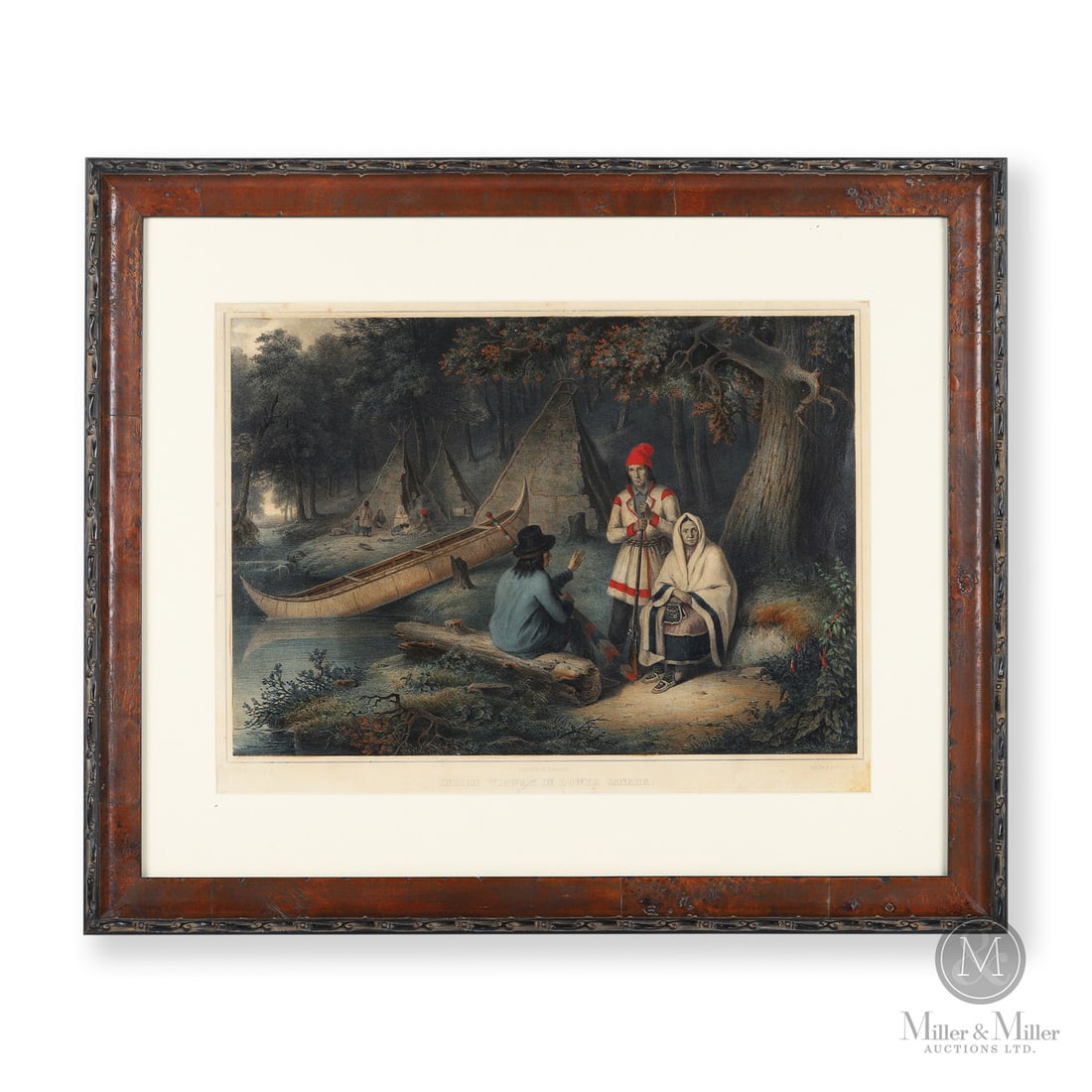 Krieghoff Lithograph "Indian Wigwam in Lower Canada": Canadian. Paper. After the original painting by Cornelius Krieghoff (1815-1872), this lithograph titled, "Indian Wigwam in Lower Canada" by Andreas Borum (1799-1853) was one of four paintings that