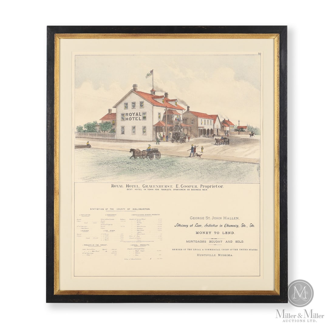 Royal Hotel Gravenhurst Late 19th Century Illustrated Advertising Plate: Canadian. C. 1880s. Paper. Located at the corner of Muskoka Road and Royal Street, the Royal Hotel, also known as "Cooper's Hotel", was a notable Gravenhurst establishment catering to travellers and