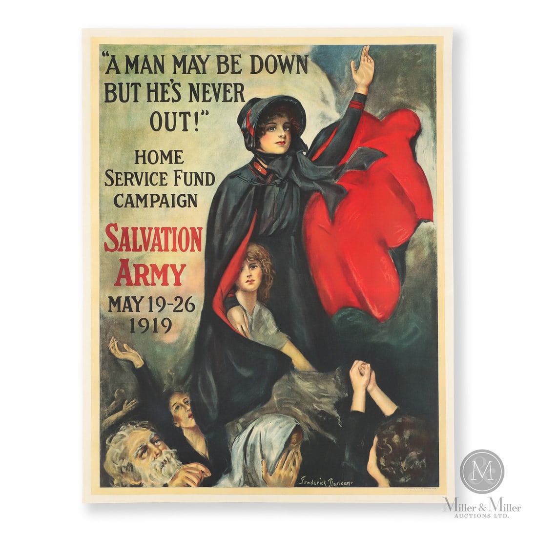 Salvation Army 1919 Chromolithograph Poster: American. 1919 Lithographed paper. A 1919 poster for the Salvation Army. "The Army", founded in 1865, had an established history of providing aid and support to soldiers both on and off the