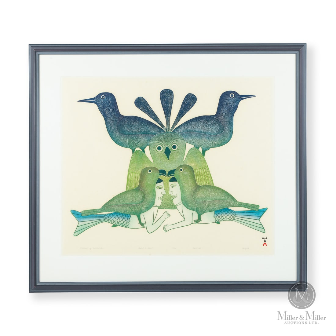 Kenojuak Ashevak (1927-2013) "Custodians of Ancestral Lore" Stonecut & Stencil: Canadian. Paper. A stonecut and stencil by Kenojuak Ashevak (1927-2013) titled, "Custodians of Ancestral Lore". Excellent condition and colour. Marked, "Custodians of Ancestral Lore, Stonecut &