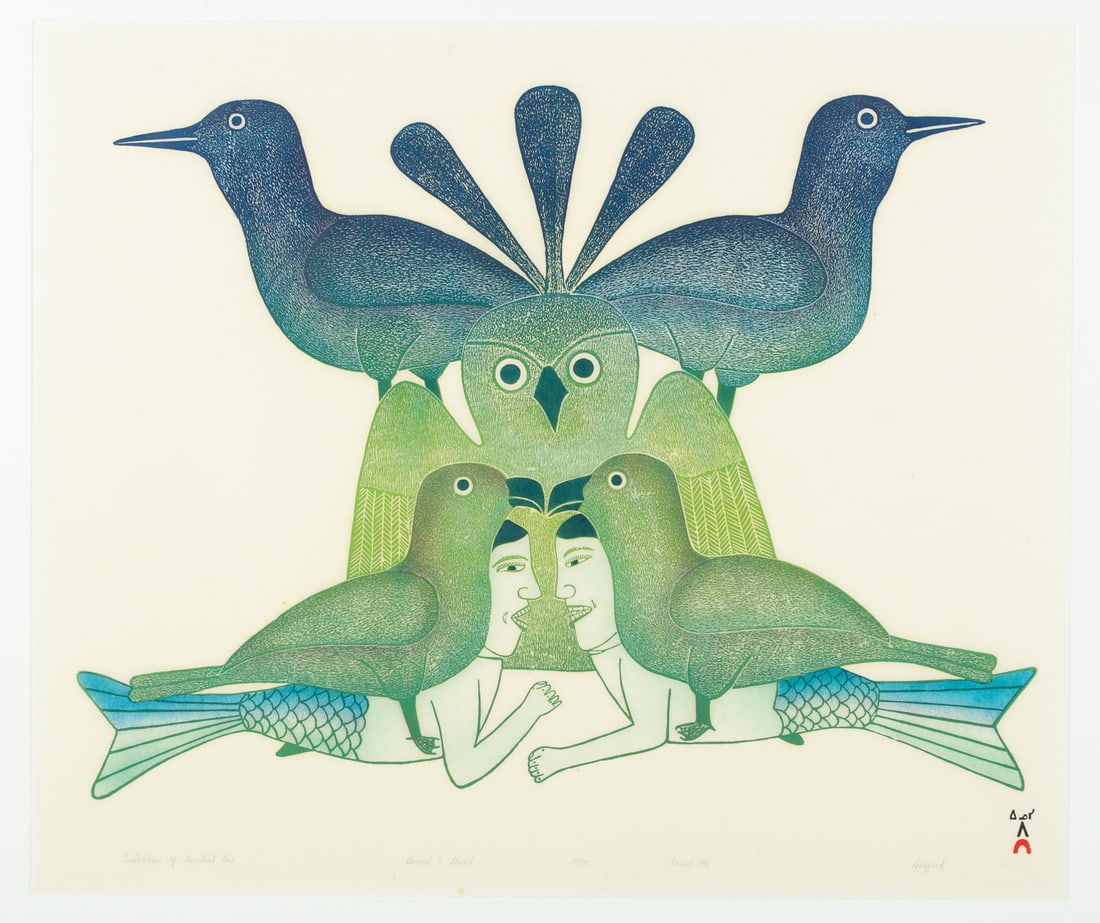 Kenojuak Ashevak (1927-2013) "Custodians of Ancestral Lore" Stonecut & Stencil - 2