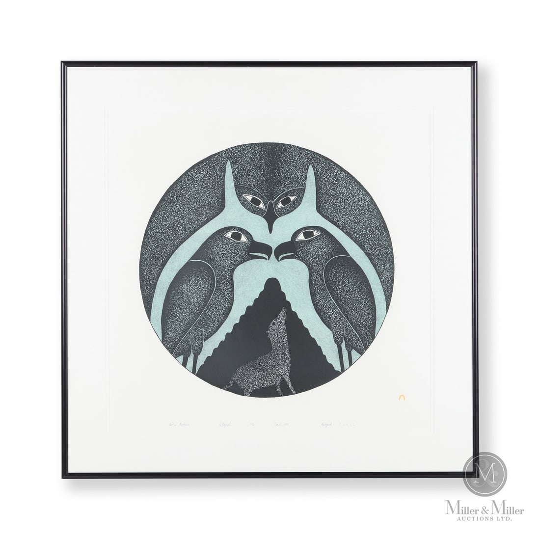 Kenojuak Ashevak "Owl's Embrace" Lithograph: Canadian. Paper. A striking lithograph "Owl's Embrace" by Kenojuak Ashevak (1927-2013). Marked, "Owl's Embrace, lithograph 17/50 Dorset 1995 Kenojuak", bottom. Sight: 21" x 21". Framed: 27.25" x