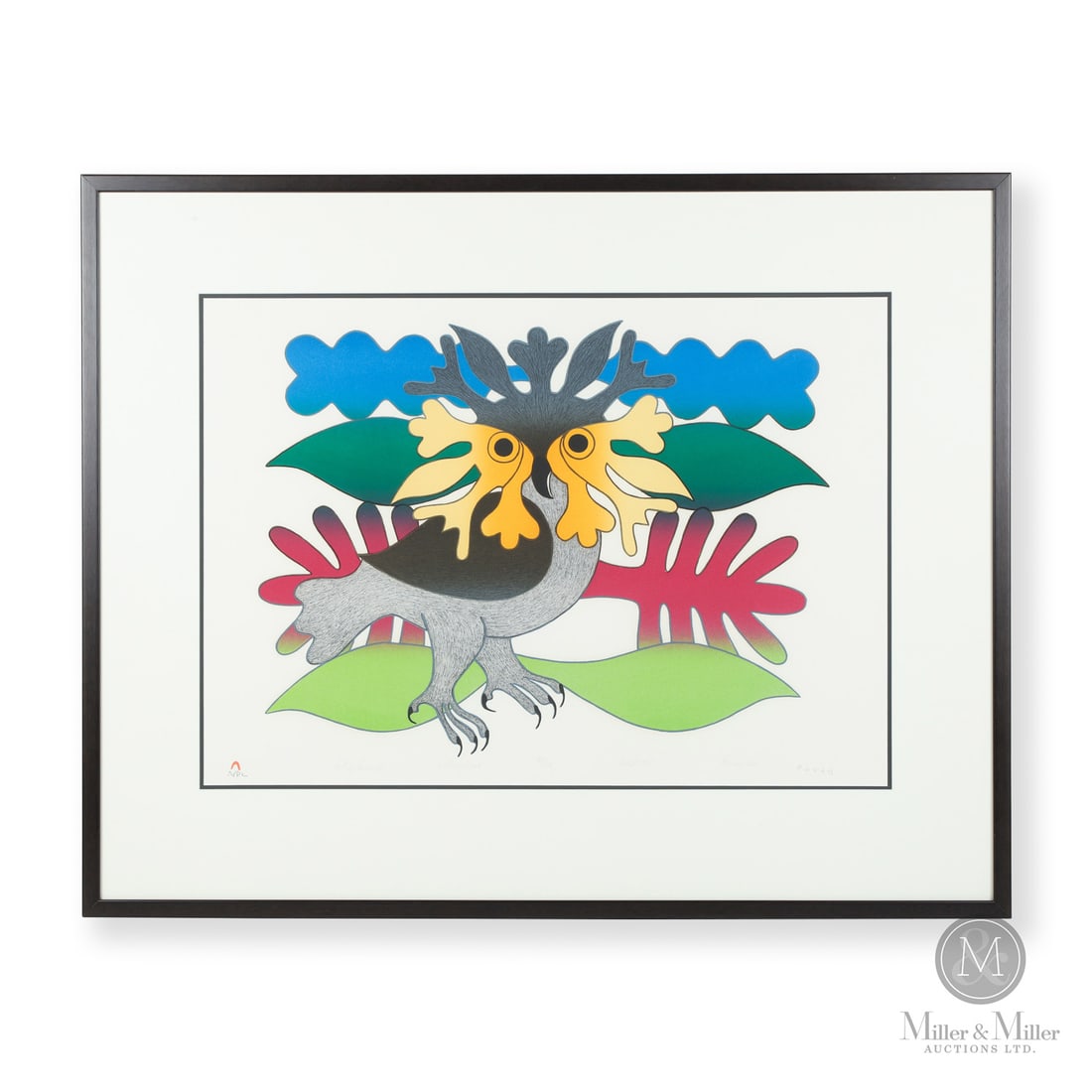 Kenojuak Ashevak "Owl of Summer" Lithograph: Canadian. Paper. A colourful lithograph "Owl of Summer" by Kenojuak Ashevak (1927-2013). Marked, "Owl of Summer, Lithograph 83/100 Dorset 1983 Kenojuak", bottom. Sight: 21.25" x 29.75" Framed: 32.25"