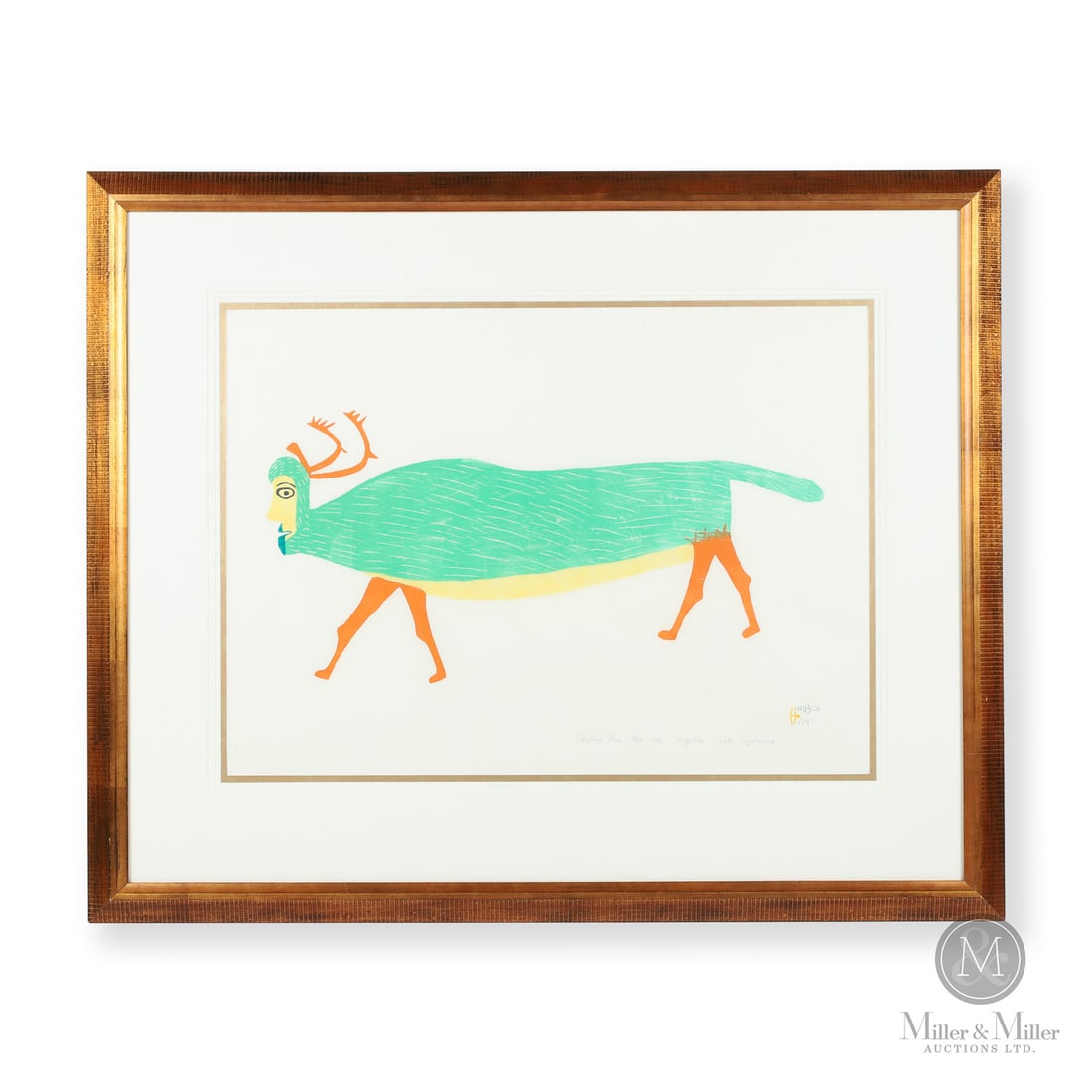 Luke Anguhadluq "Caribou Man" Lithograph: Canadian. Paper. A lithograph entitled, "Caribou Man" by Luke Anguhadluq (1895-1982). Marked, "Caribou Man 15/50 1982 M. Upatiku Luke Anguhadluq", bottom. Sight: 20" x 27.5". Framed: 32.25" x 39.25".