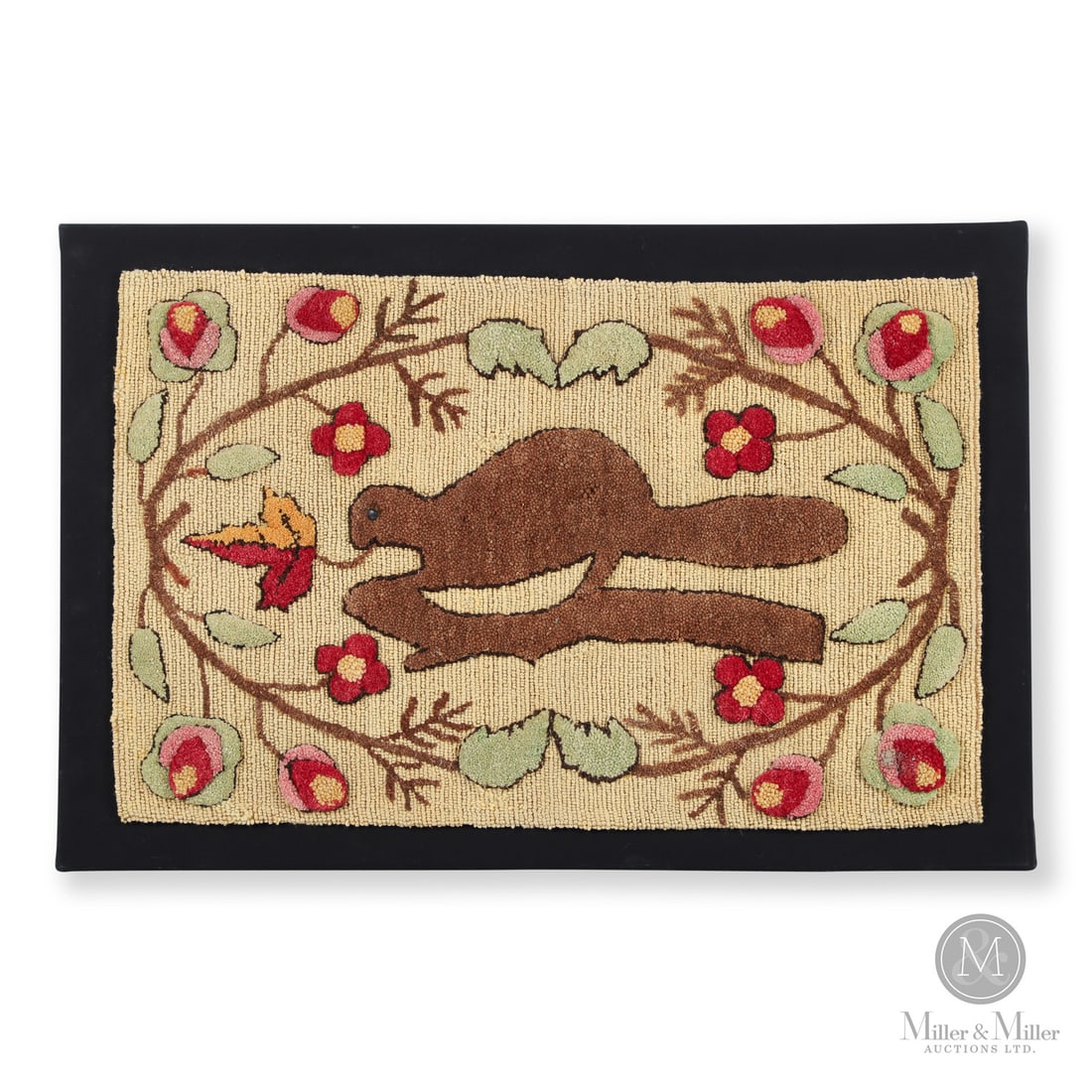 Beaver Hooked Rug: Canadian. Wool. A vibrant hooked rug with a beaver eating maple leaves and encircled by colourful floral branches. The flowers, leaves, and beaver are hooked with a three-dimensional feel. Very good