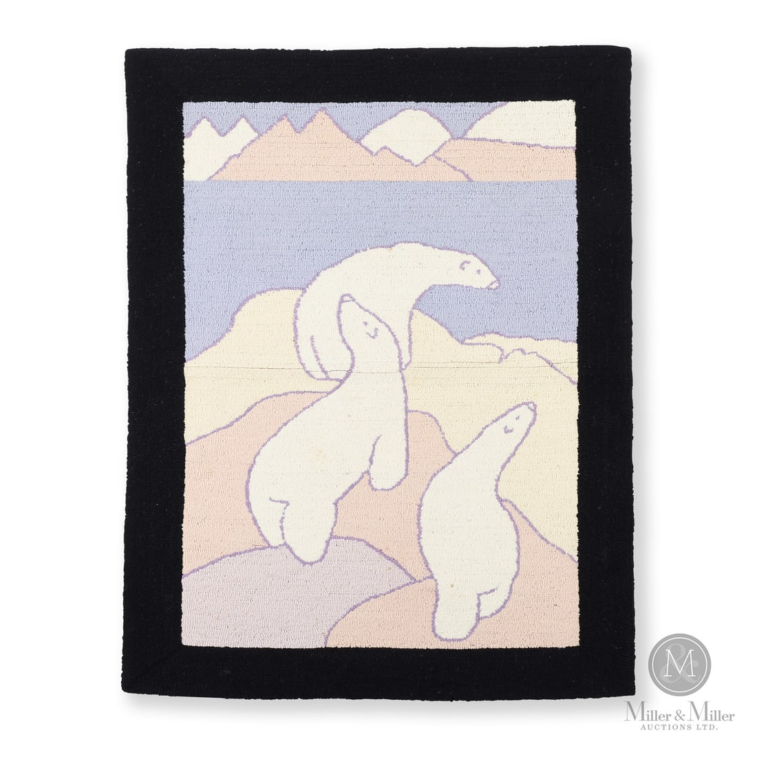 Grenfell Mission Polar Bear Rug: Canadian. Wool. A Grenfell rug with three polar bears hooked in soft pastel hues with blue and purple tones within a black border. Good condition with minor surface spots on lower third. Original