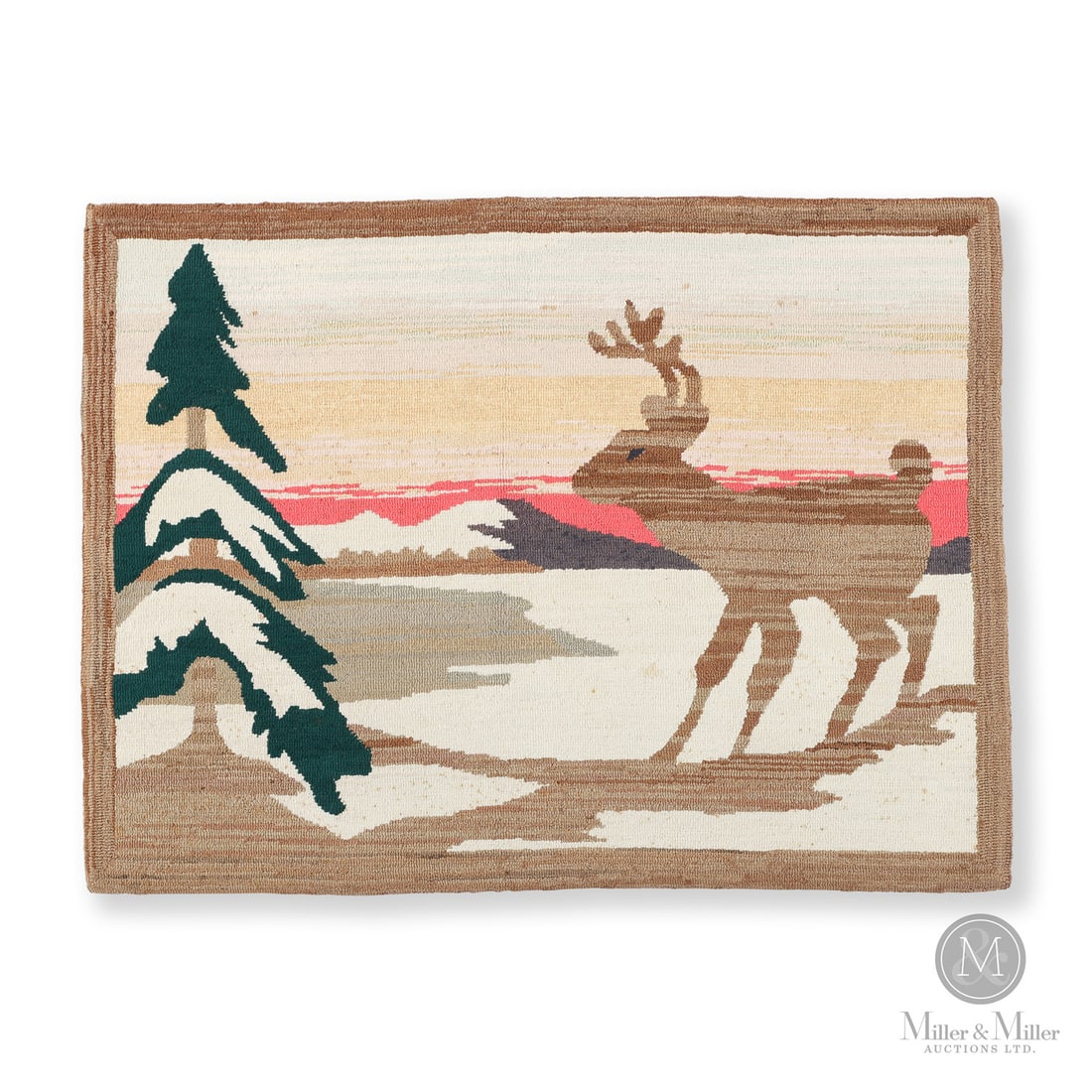 Grenfell Mission Reindeer Rug: Canadian. Wool, stockings. A Grenfell rug of a lone deer at the edge of a lake with a pine tree nearby, and with a pink and yellow sky and brown border. Strong colours, good condition with minor