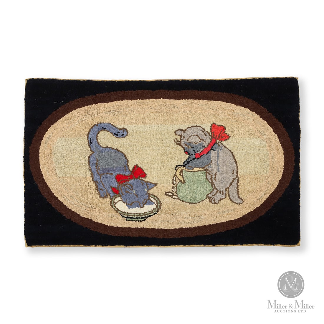 Nova Scotia Rug With Two Cats: Canadian. Wool. A hooked rug from Colchester County, Nova Scotia, with two playful grey cats wearing red ribbons- all on a beige ground within a brown oval band on a black rectangular border. Very
