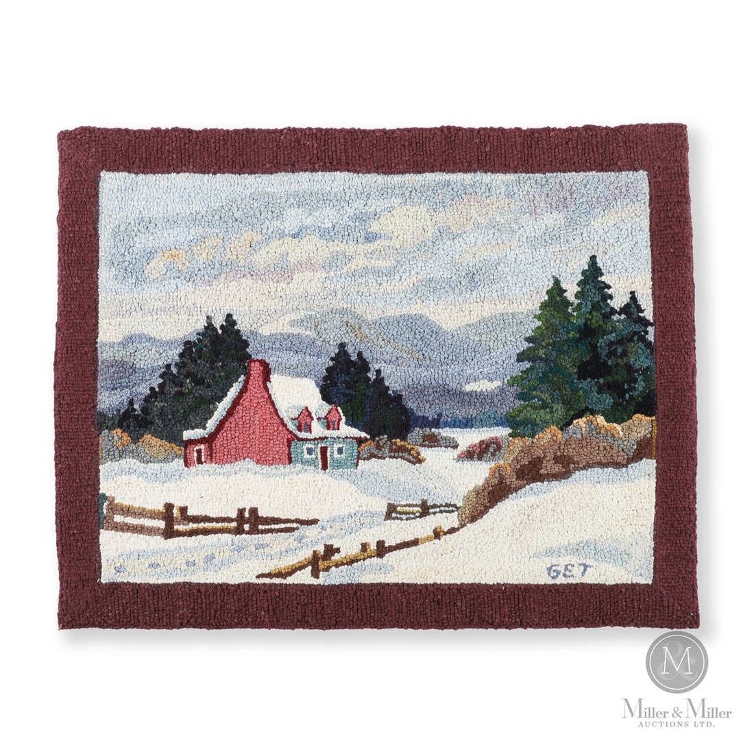Georges-Edouard Tremblay Hooked Rug: Canadian. Wool. A Quebec hooked rug of a Charlevoix farmhouse by Georges Edouard Tremblay (1902-1987) in very strong colour and very good condition. At one point, Tremblay operated a rug hooking
