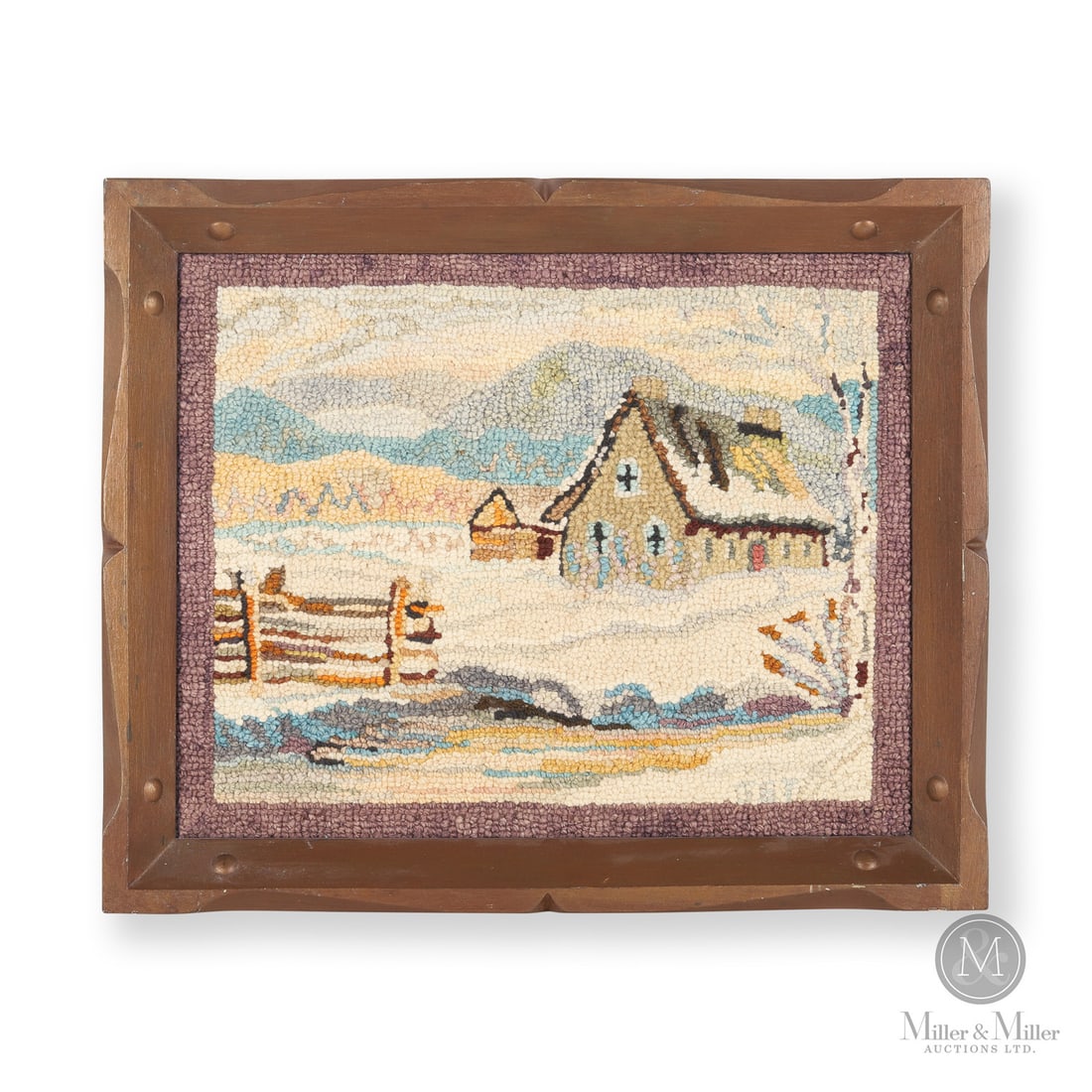 Georges-Edouard Tremblay Hooked Rug: Canadian. Wood. A framed hooked rug of a Quebec farmhouse with rail fences and hills in the background, faintly initialled, lower right, signifying the work of Georges-Edouard Tremblay, who was
