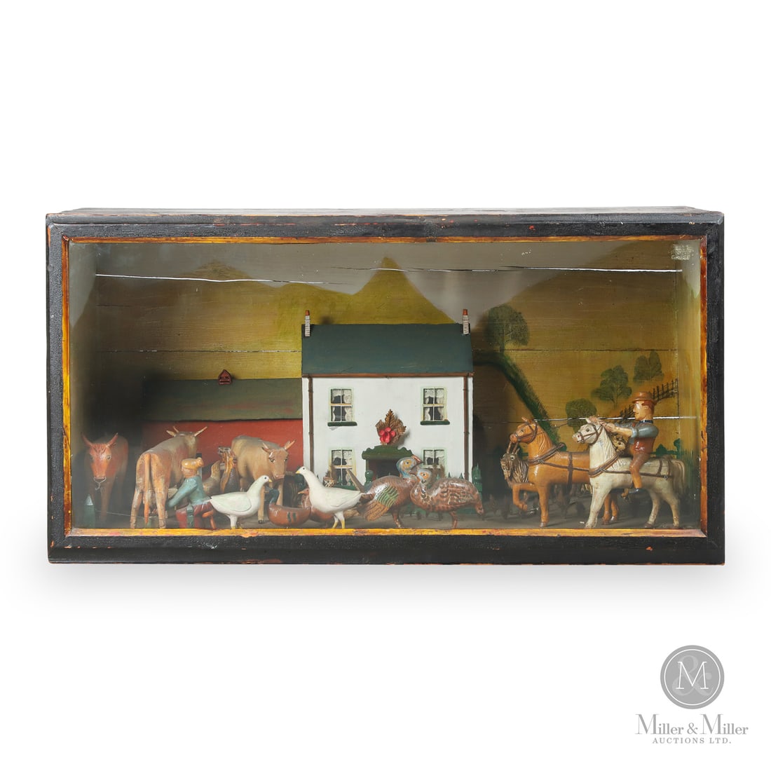 Folk Art Diorama Farm Scene: Canadian. Wood, glass. An exceptional quality, large folk art diorama of a farm scene with multiple carved animals and people in polychrome paint, including a man on a horse, a woman milking a cow,
