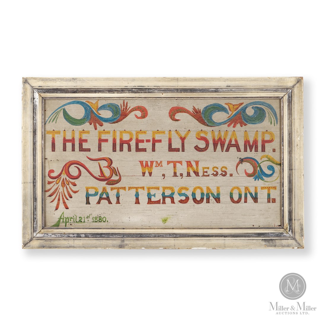 Firefly Swamp Painting - Patterson, Ontario: Canadian. Wood. A hand painted sign on board in colourful calligraphic script "The Firefly Swamp, by Wm T. Ness, Patterson Ont." and dated April 21, 1880. Great colours, composition, and condition.