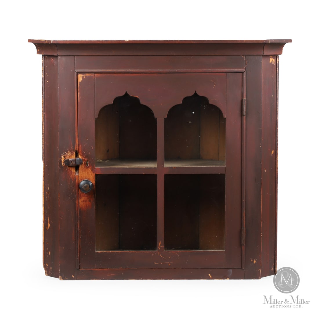 Waterloo County Hanging Corner Cupboard: Canadian. Wood. A Waterloo County pine hanging corner cupboard originally found in Markham Township, but the features and settler migration patterns suggest it as the work of a Waterloo area cabinet
