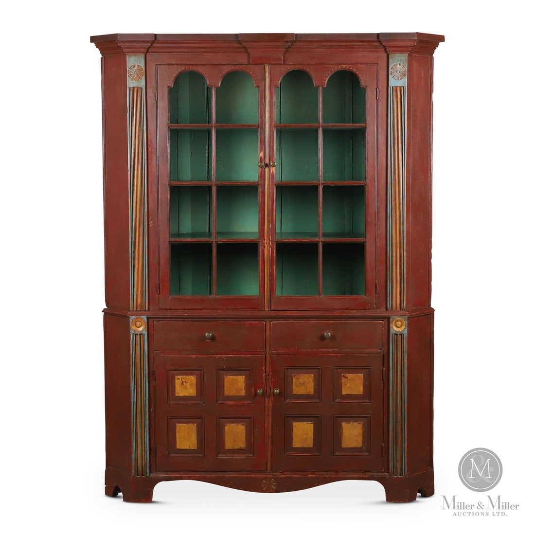 Waterloo County Neoclassic Corner Cupboard: Canadian. Wood. An outstanding Waterloo County Neoclassical-inspired glazed corner cupboard in original paint. With striking similarities to plate 959 in the "Heritage of Upper Canadian Furniture" by