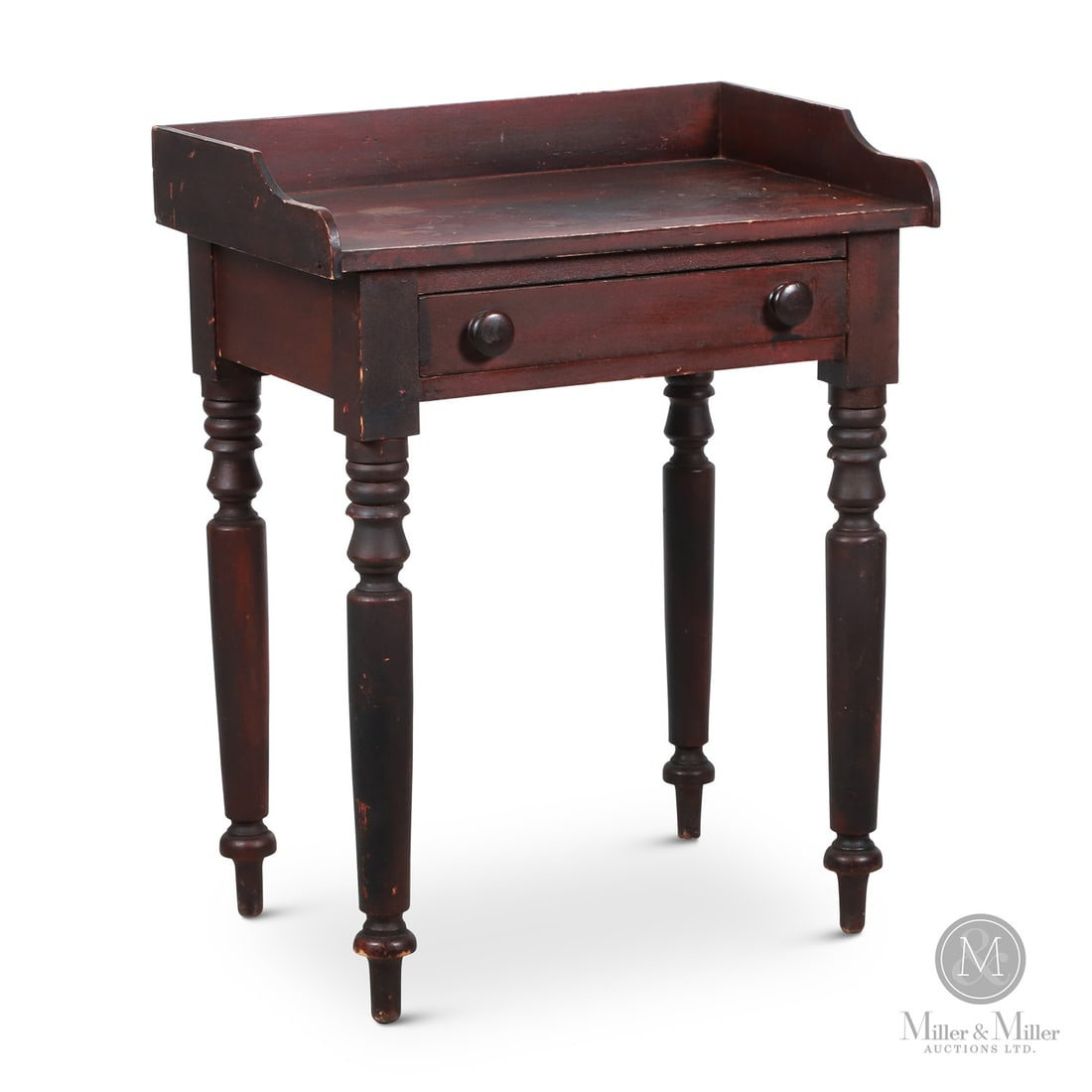 York County Ontario Table in Original Paint: Canadian. Wood. A simple pine washstand with a dovetailed gallery and turned legs, all in original dry-crazed surface. Very good condition, original knobs. York County, Ontario, 3rd quarter 19th centu