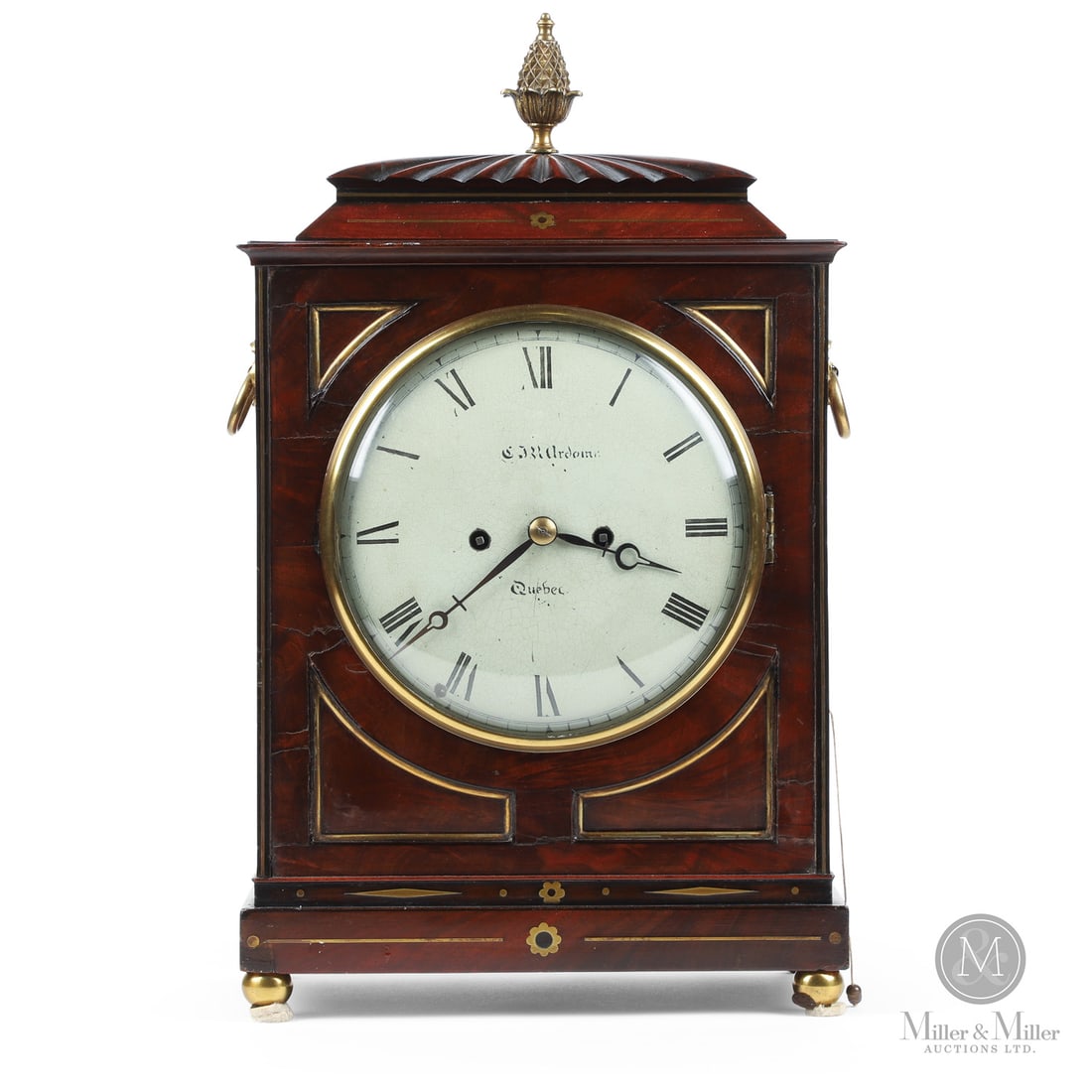 "CJR Ardouin" Quebec Bracket Clock: Canadian. Wood, metal. A Quebec Georgian bracket clock by C.J.R. Ardouin in mahogany with brass inlay and the face in original crazed paint surface. Complete with the original English brass works and