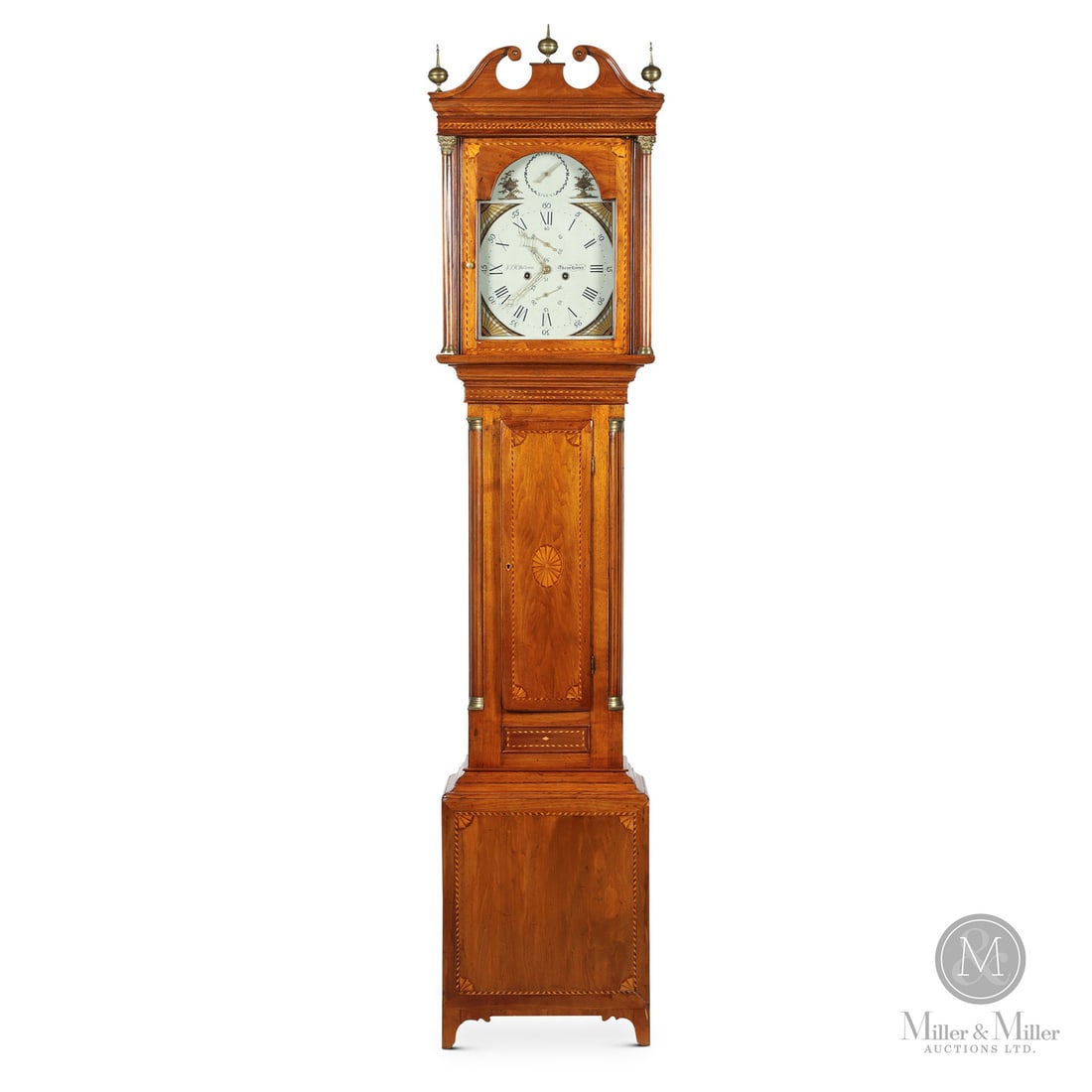 G.S.H. Bellerose Quebec Tall Case Clock: Canadian. Wood. A Quebec longcase clock by "G.S.H. Bellerose, Three Rivers" with brass works and an elegant inlaid butternut case with a swan's neck pediment on the hood and a vernacular