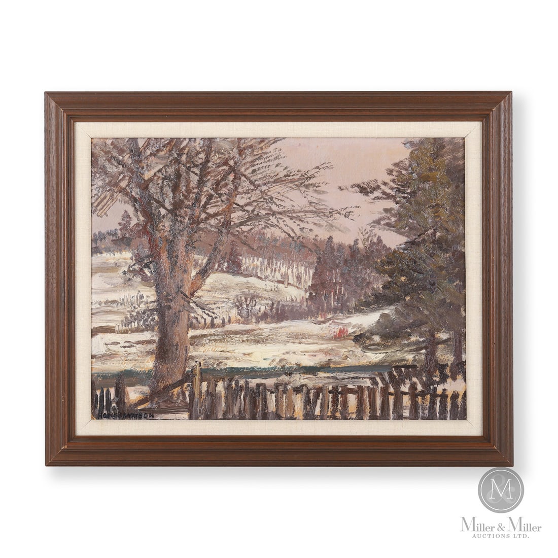 Homer Watson "Winter Landscape, Doon": Canadian. Paper. An oil on artist board by Homer Ransford Watson (1855-1936) titled, "Winter Landscape, Doon". Included with the painting is a certification from representatives for the Homer Watson