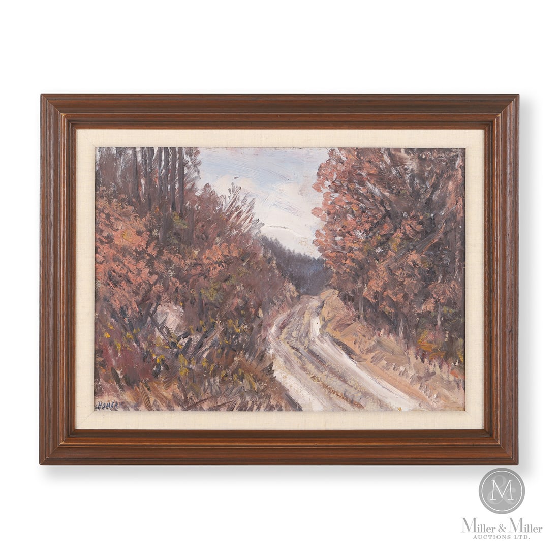 Homer Watson Oil on Board: Canadian. Artist board. An oil on artist board by Homer Ransford Watson (1855-1936) of a country road through the hills. Signed, lower left, Watson is smudged. Painting: 10" x 14". Framed 13.5" x