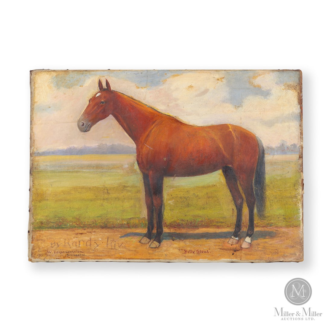 "Billy Stout" W. Edgar Cantelon: Canadian. Canvas. An oil on canvas by W. Edgar Cantelon (1866-1950) of the horse "Billy Stout". Cantelon was a Norfolk County artist born in Streetsville who began painting at an early age. He