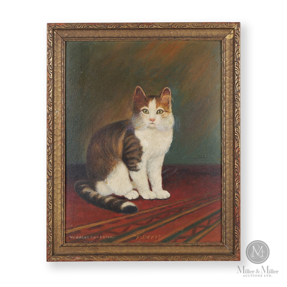 "Fluffy" W. Edgar Cantelon: Canadian. Artist board. An oil on artist board portrait of "Fluffy" the cat by W. Edgar Cantelon (1866-1950). Note Fluffy's prominent whiskers and full tail. Cantelon was a Norfolk County artist born