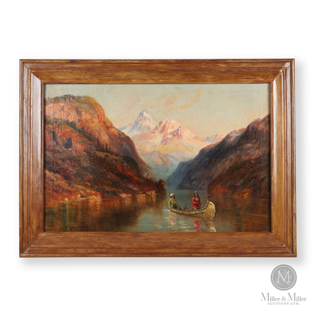 Majestic Canoe Scene R. Atkinson Fox: Canadian. Canvas. An oil on canvas by R. Atkinson Fox (1860-1935) of two Native hunters in a birchbark canoe returning home with a buck as cargo. Excellent colour and a visually majestic scene with