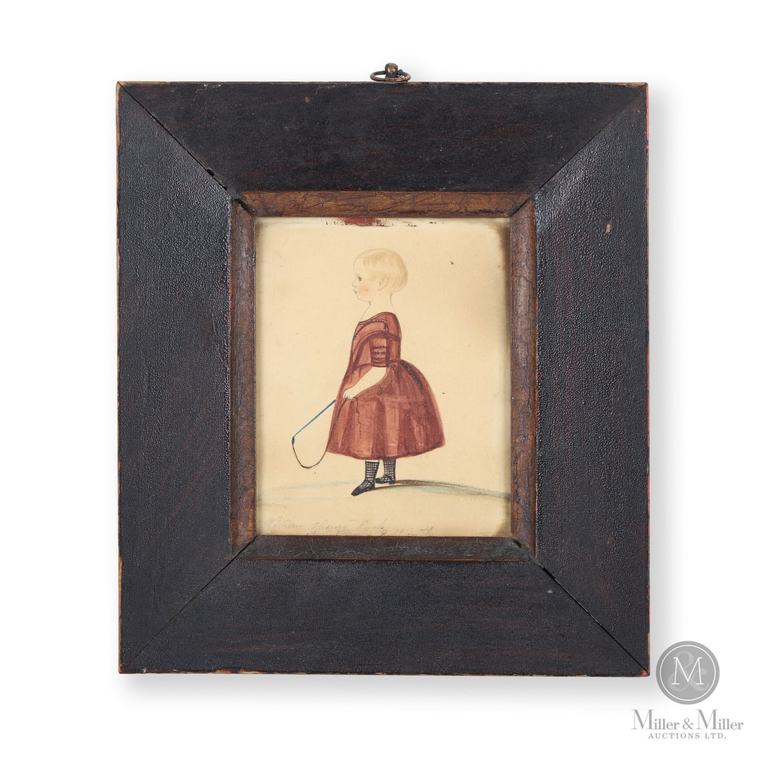 R & W Kerry Portrait of W. H. Pook: British. Paper. A watercolour on paper by R & W. Kerry of a young boy with blond hair holding a whip, identified at the bottom as "William Henry Pook Aged 1 Year and 8 months". Painted by "Messrs R &