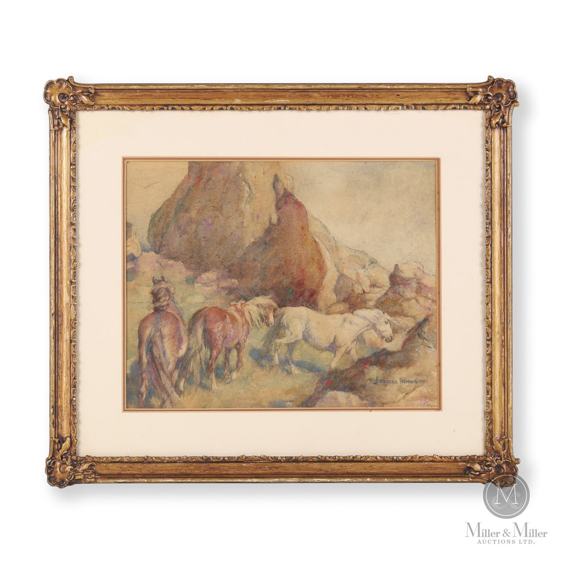 Frederic Remington Wild Ponies: American. Paper. A watercolour on paper by Frederic Remington (1861-1909) of wild ponies in the hills. Signed lower right, "Frederic Remington". Signed, "Frederic Remington", lower right edge. Sight: