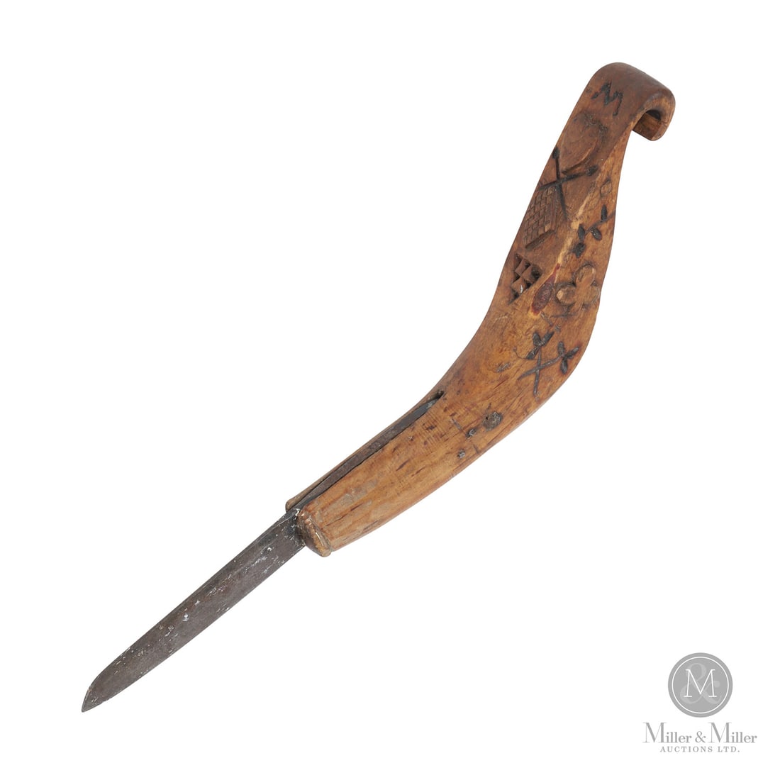Crooked Knife with Hearts And Shamrock: Canadian. Wood, metal. A crooked knife with a volute handle and relief carved hearts, diamonds, clubs, and spades, along with incised flowers and arrows. Initialled, W or M. Riveted original blade.