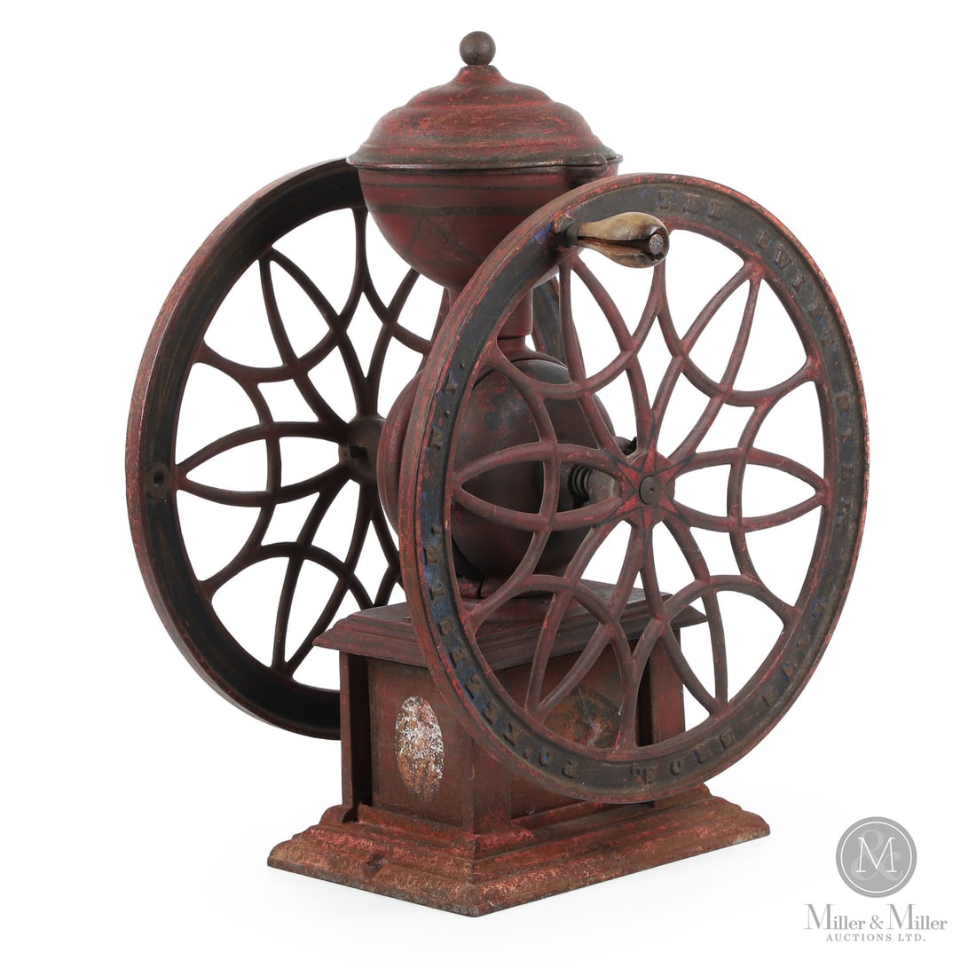 "The Swift Mill" Coffee Grinder: American. Cast iron. A counter-top Swift Mill coffee grinder in untouched condition, having the original drawer and scoop. Good condition with the original stencil and deep red and blue painted surfac