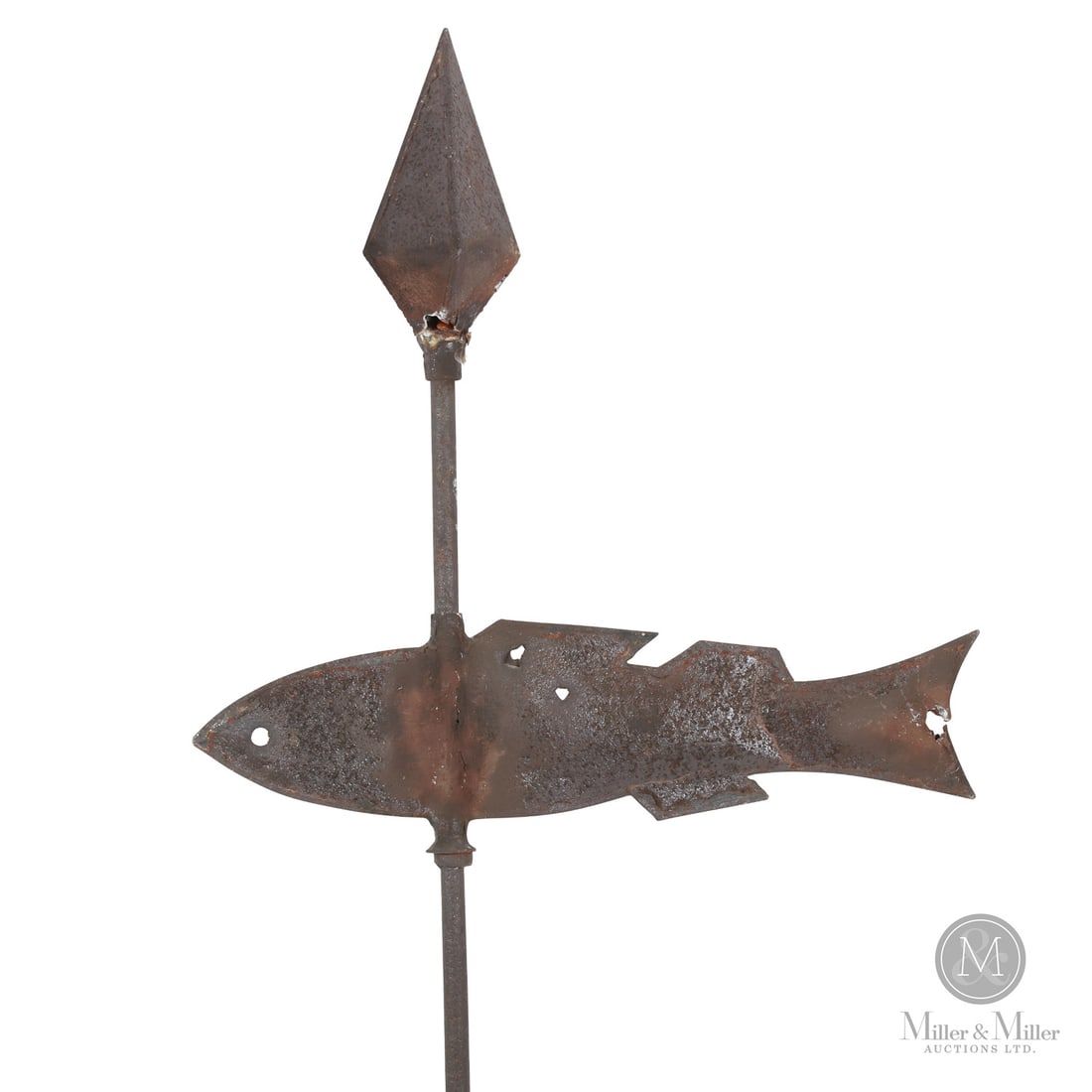 Fish Weathervane: Canadian. Tin. A 19th century sheet metal fish weathervane with the original mounting pole, complete with spear top finial and a six-sided globe on the shaft. In weathered condition with three old bul