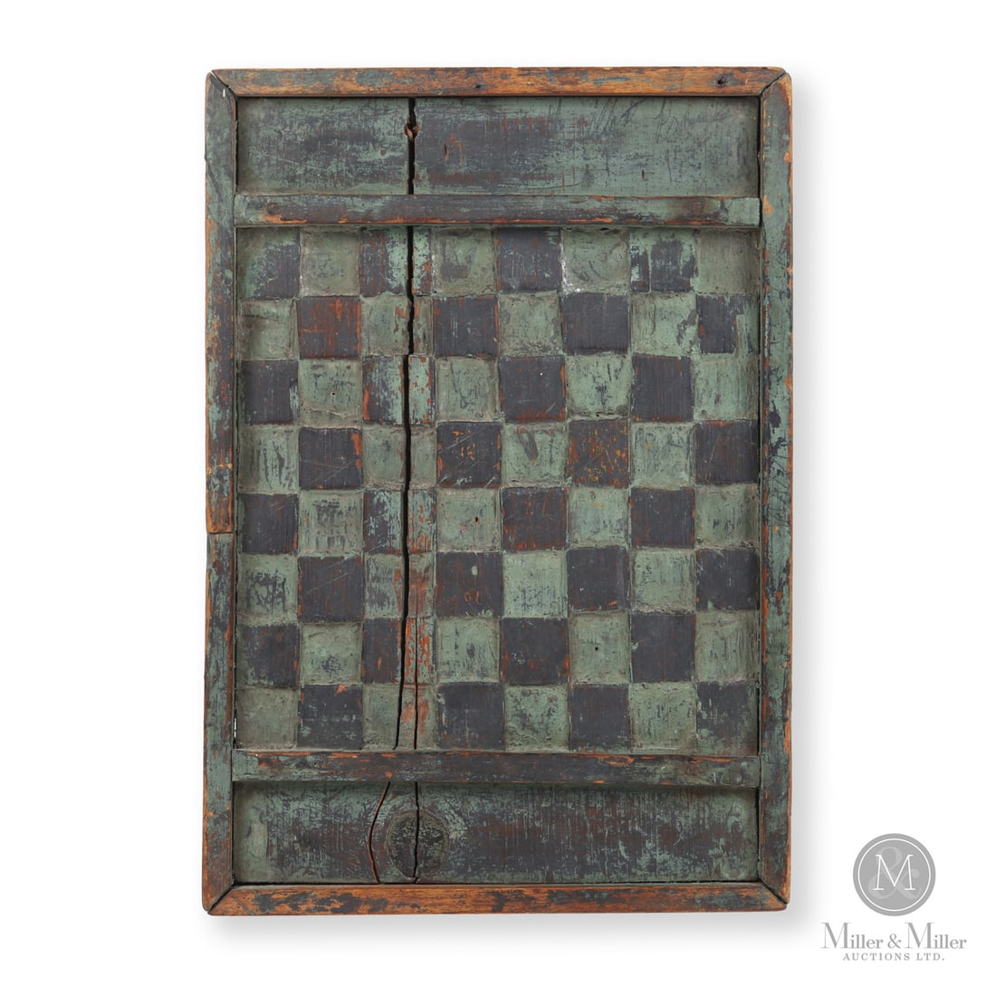 Blue Carved Gameboard: Canadian. Wood. A naive small pine checkers/chess board with carved squares and an untouched dry surface with original blue and black paint. Single-plank construction with the original frame. 19th