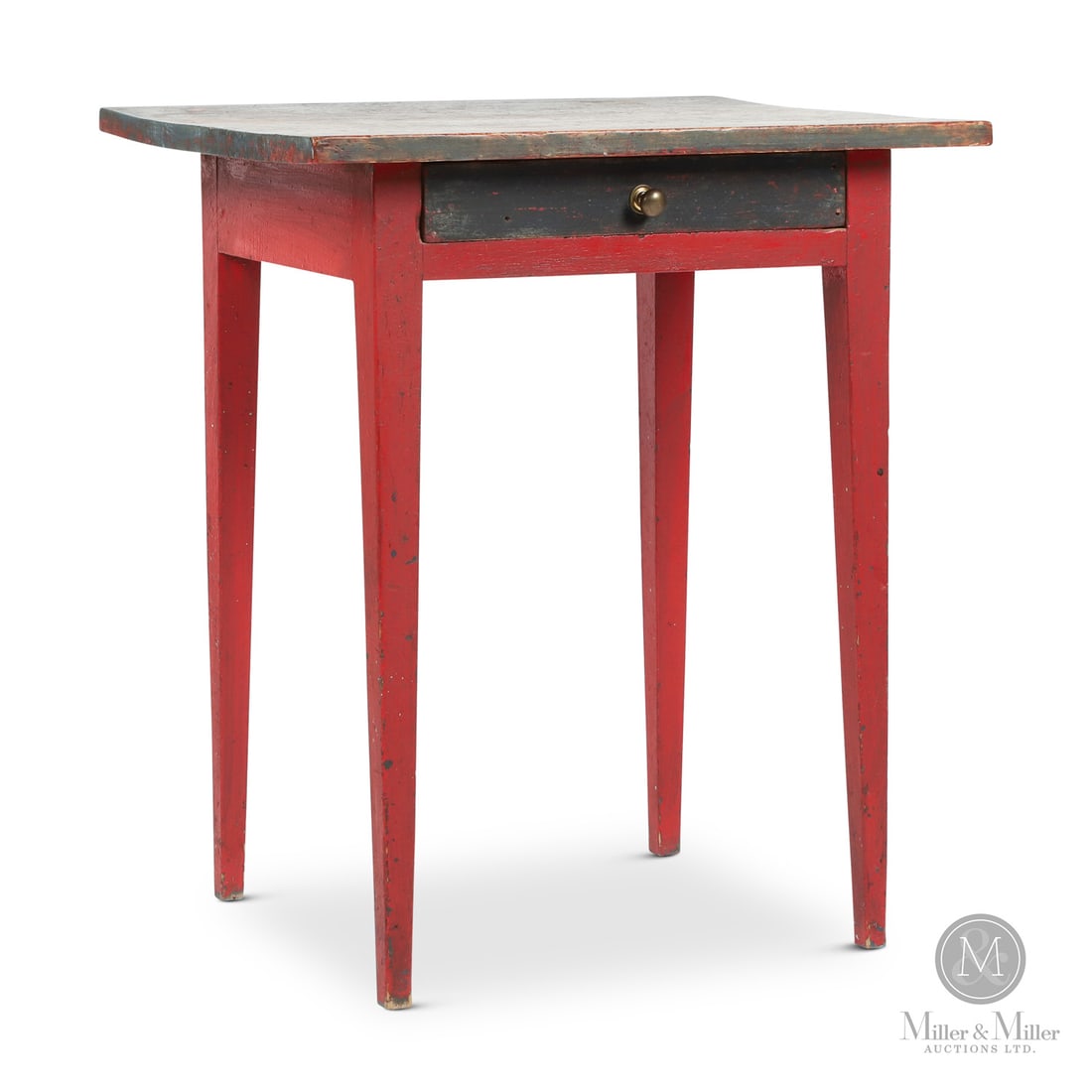 Tapered Leg Side Table: Canadian. Wood. A tapered leg pine lamp table with original blue paint on the top and drawer front, and an old red overpaint (blue under) on the legs and skirt. Canadian, second quarter 19th century.
