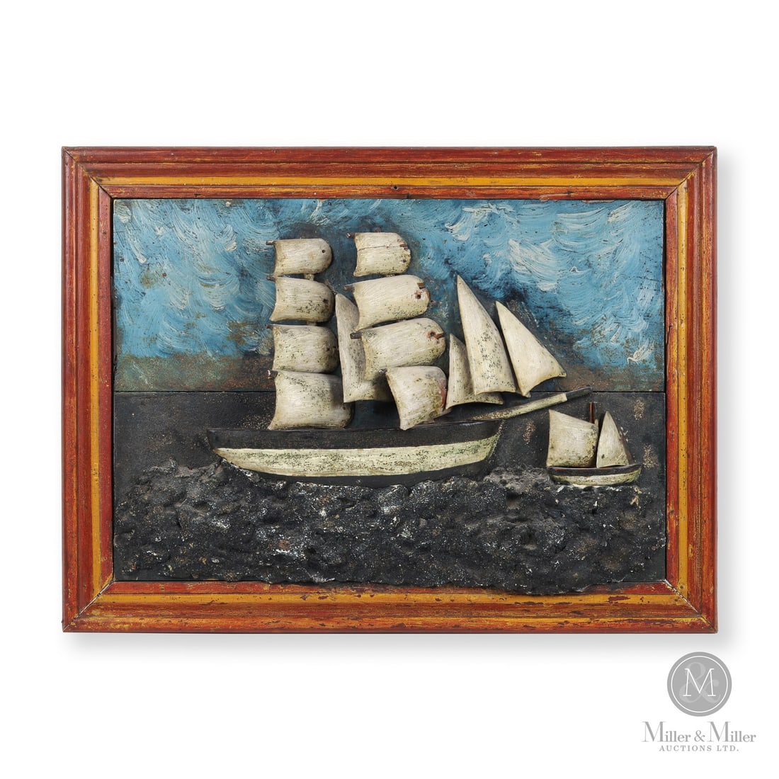 Framed Nautical Diorama: Canadian. Wood. An interesting framed diorama of two boats at sea- carved pine hulls and sails, and the rolling waves are in painted plaster. In original paint, the yellow and red frame is a strong
