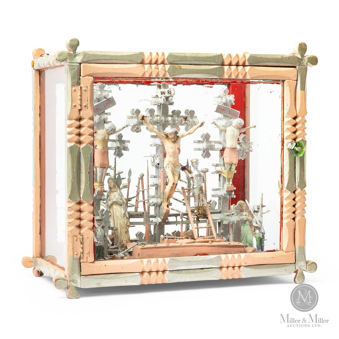 Quebec Crucifixion Shadow Box: Canadian. Wood. A folk art crucifixion scene in the original pink and silver painted chip-carved glass case with door. Intricate detail with classic religious figures alongside soldiers with guns.