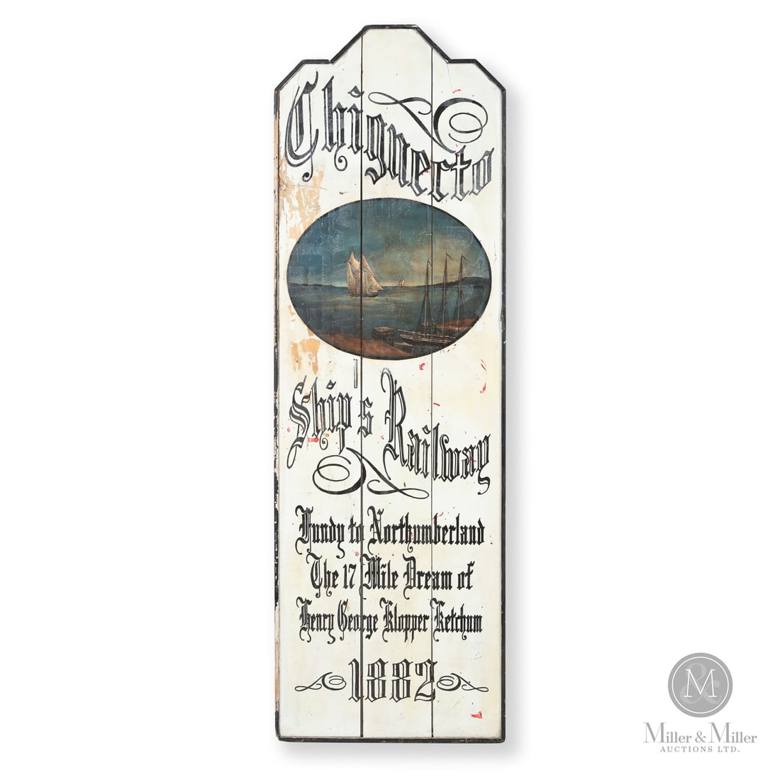 Chignecto Ship Railway Wooden Sign: Canadian. Wood. A tombstone-shaped sign for the Chignecto Ship Railway in a black frame with black lettering on a white background and an oval nautical oil painting at the centre. The Chignecto Marine