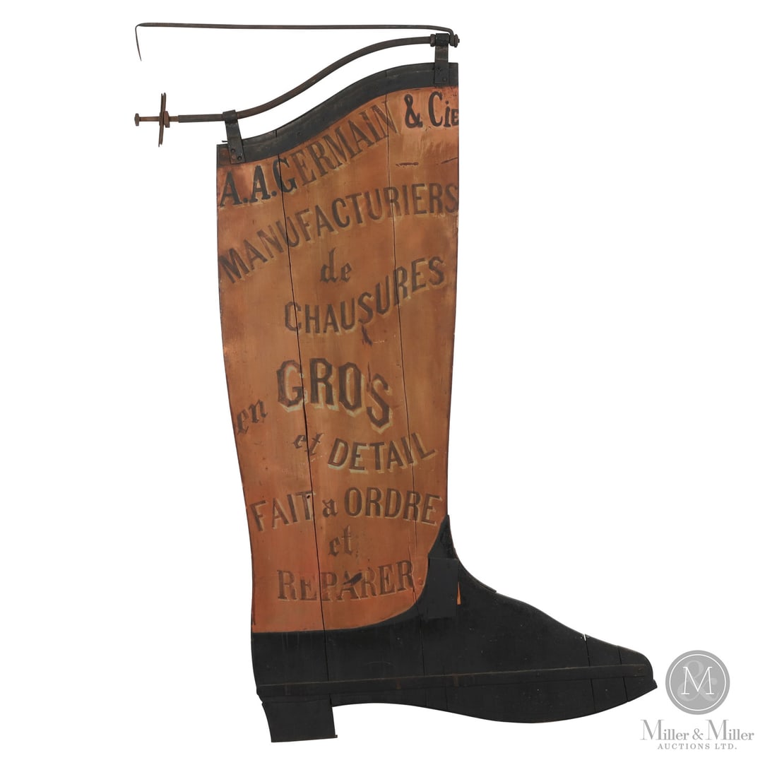 A.A. Germain & Cie Quebec Wooden Figural Boot Trade Sign: Canadian. Wood, forged iron. A monumental and exceptional Quebec bootmaker's trade sign in coral and black paint marked, both sides, "A.A. Germain & Cie Manufacturiers de Chausures (sp) en Gros et