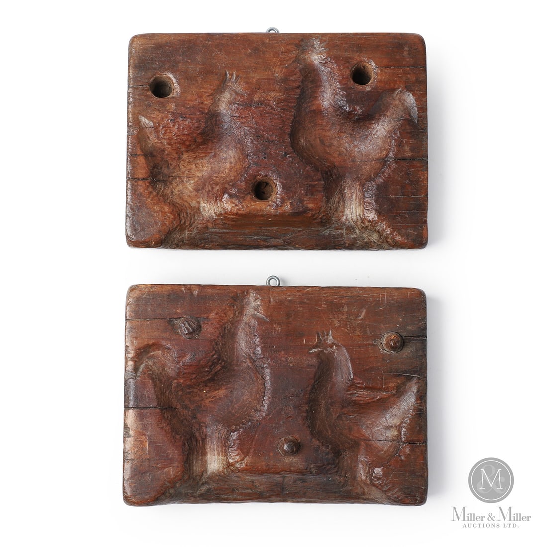 Double Rooster Sugar Mold: Canadian. Wood. A small double-rooster maple sugar mold carved in pine. Good condition with worn mold edges from rodents chewing the tasty sugar-infused wood. Quebec, 19th century. Closed: 4" x 5.75"