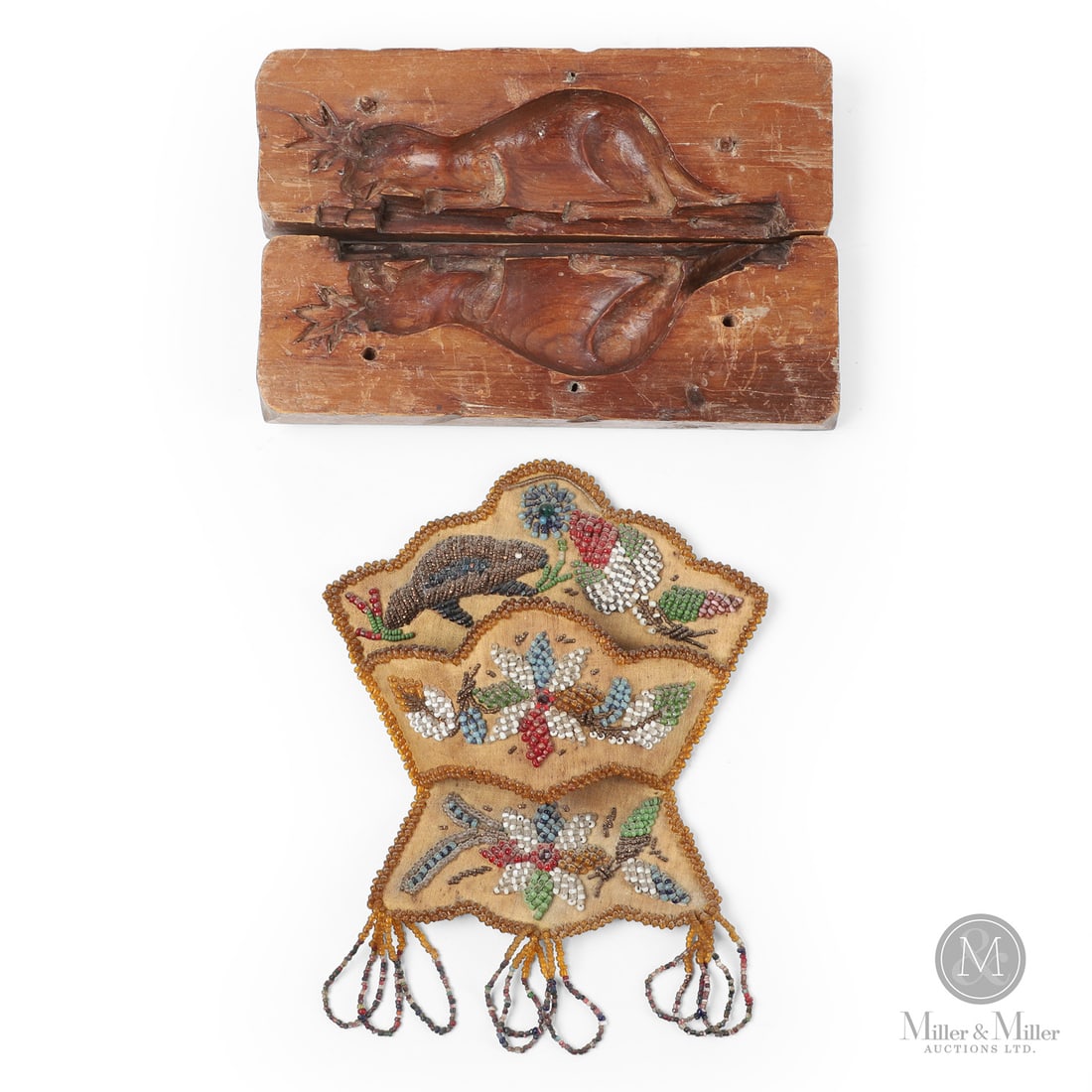 Beaver Sugar Mold and Beaded Whisk Holder: Canadian. Wood, fabric. A lot of 2, including a two-part beaver maple sugar mold with fine detail, including a maple leaf in its mouth and carved leaf motifs on the backs, good patina. Also included
