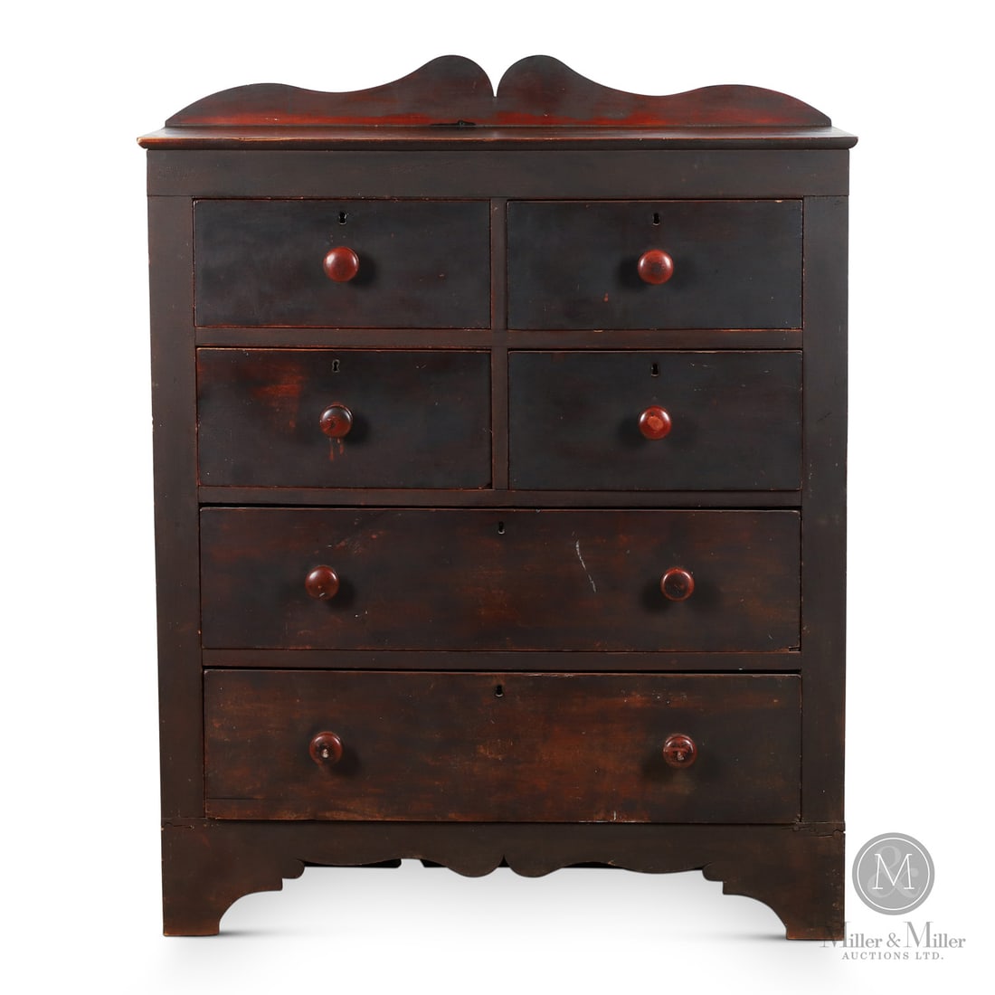 Quebec Chest of Drawers: Canadian. Wood. A birch Quebec chest of drawers in dry original paint and having a shaped backboard, dovetailed drawers and a cutout skirt in the front. Constructed with rosehead nails and pine