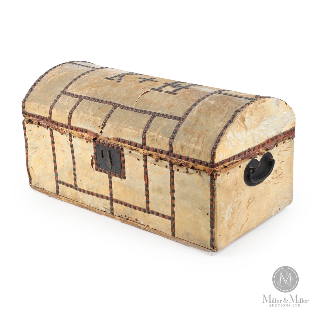 "K + H" Dome Top Traveller Trunk: Canadian. Wood, cowhide. A hide-covered, dome-top traveller's trunk with original iron bale handles and lock and having tack decoration on dark leather strips. The initials K + H on the top likely