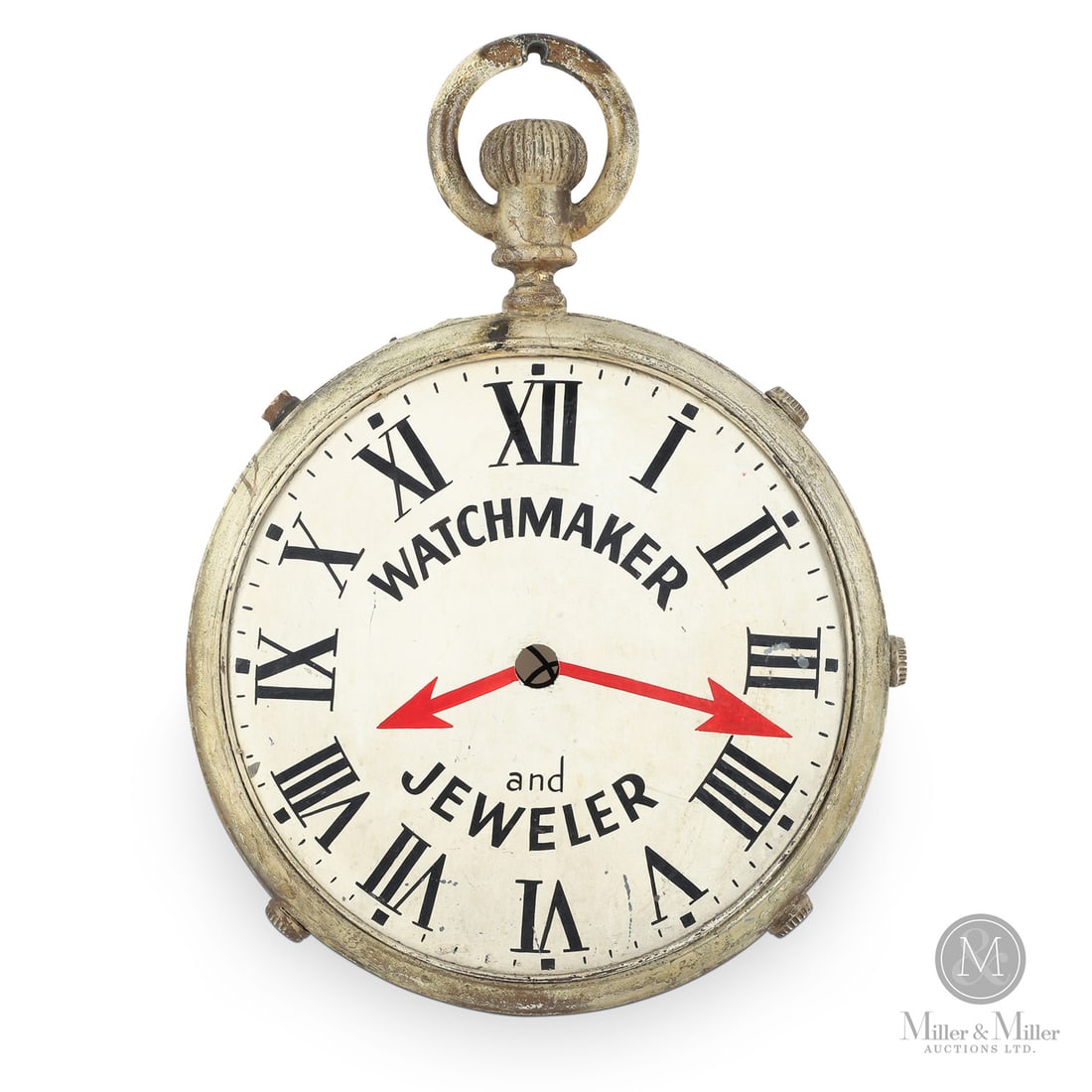 Watchmaker & Jeweler Trade Sign: American. Metal. A metal watchmaker's trade sign in the shape of an old pocket watch, in original paint and marked both sides "Watchmaker and Jeweler". Originally electrified, having porcelain bulb