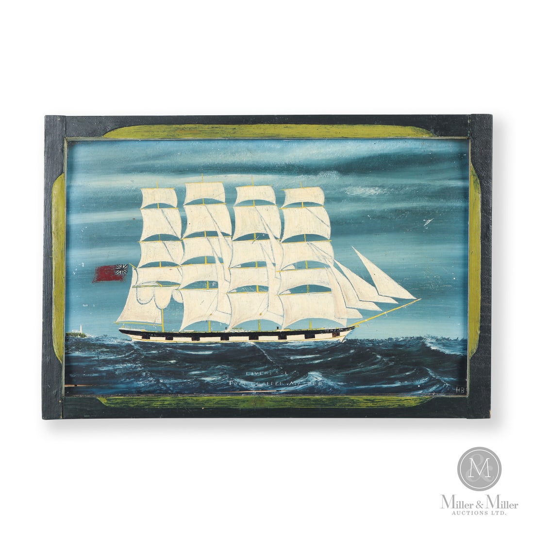 Folk Art Ship Painting: Canadian. Wood. An oil on board of a four-mast, square-rigged ship flying Canadian colours, identified as the "Liverpool, Tom Calder master". Good condition, mild warp to the board and two horizontal