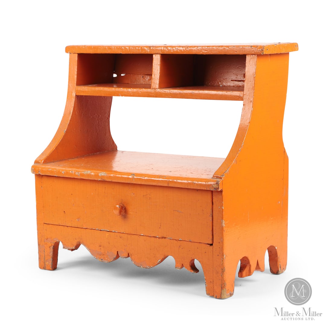Quebec Convent Stool: Canadian. Wood. Convent step stool in pine with a shaped skirt and sides, all in old orange overpaint. The top step has two cubby holes for books, and the first step has a drawer below. Good
